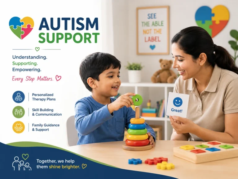 Child stacking rings with a therapist during an autism support session